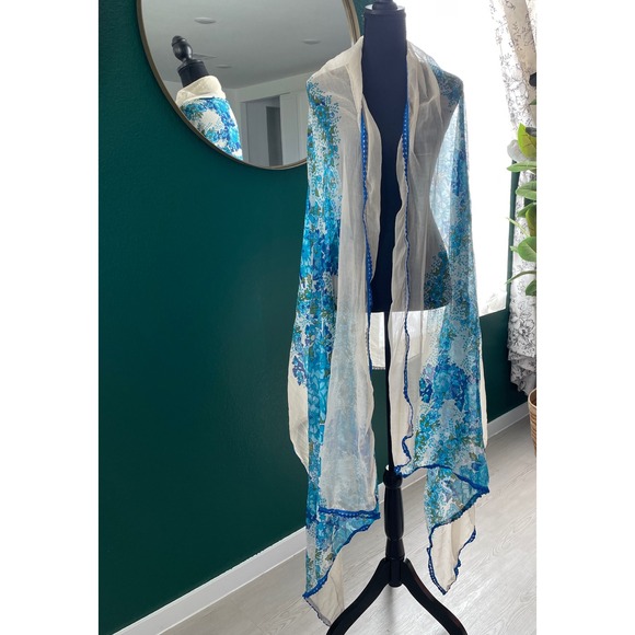 Blue Floral Scarf Lightweight Shawl Sheer Cover Up Wrap Bohemian Boho Style - Picture 1 of 5